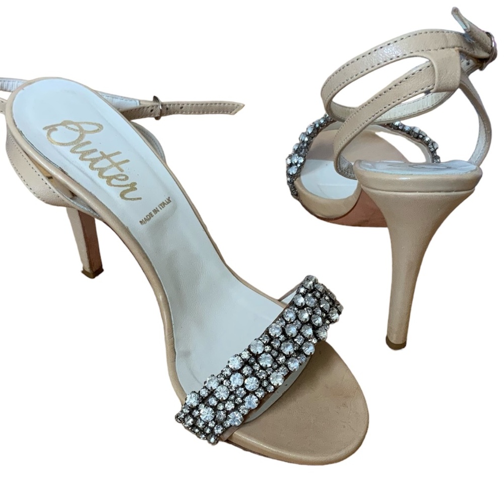 Butter Brand Italian Made Neutral Rhinestone Embellished Strappy Sandal … - Picture 6 of 8